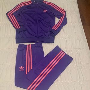 Adidas originals 2 pc track set purple with pink stripes jacket & pants Medium M